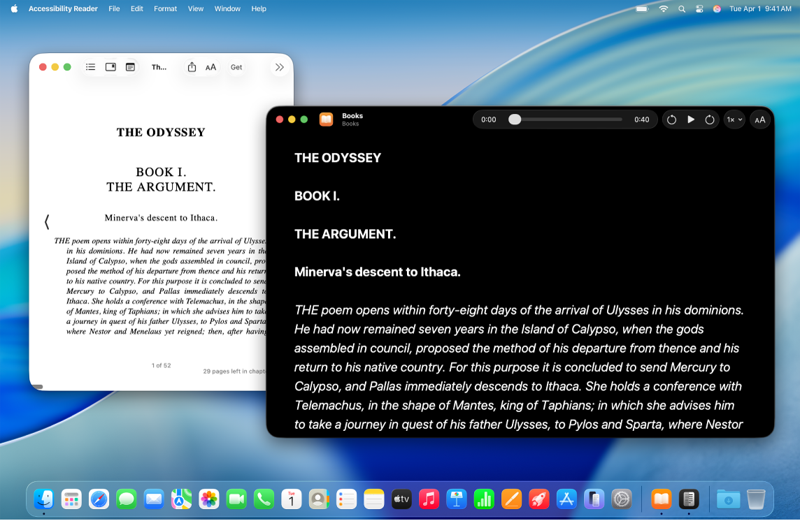 Les fenêtres de l’app Livres et du lecteur d’accessibilité sont ouvertes sur le bureau. Le texte de l’app Livres est affiché dans le lecteur d’accessibilité en gros caractères sur un fond noir.