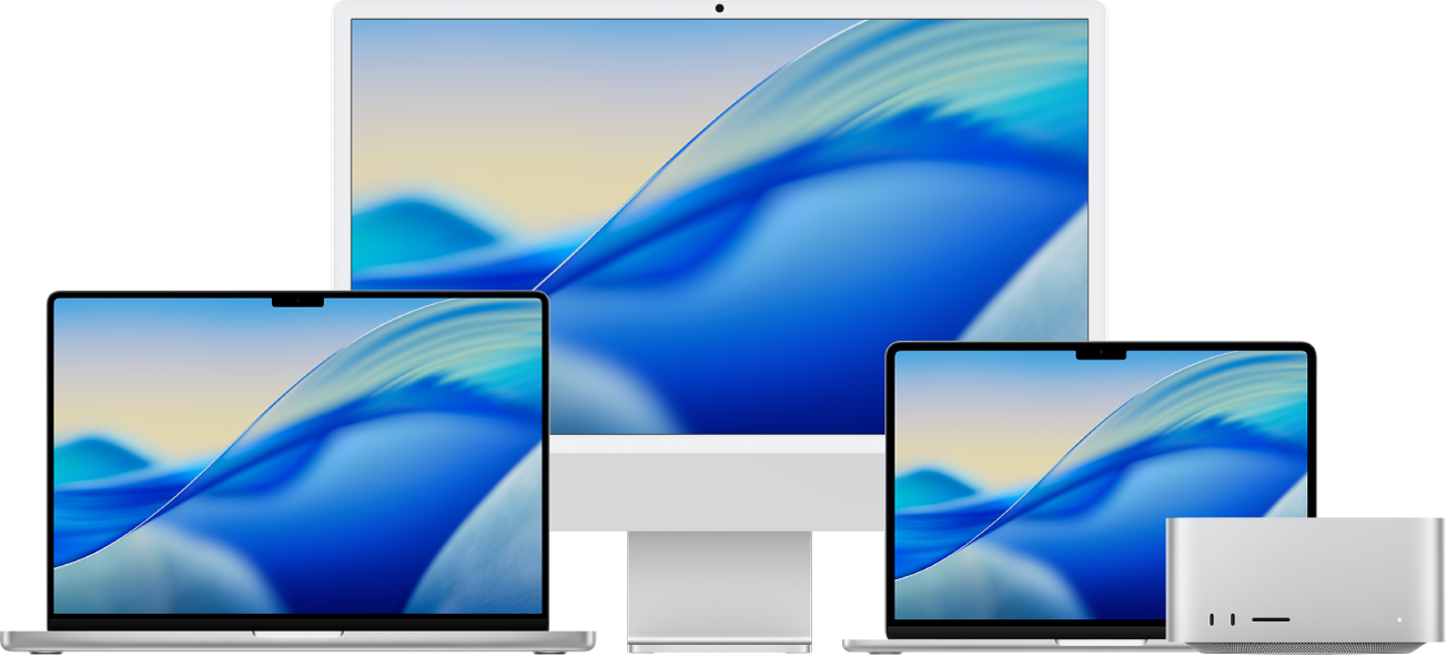 De gauche à droite, un MacBook Pro, un iMac et un MacBook Air avec des bureaux colorés. Un Mac Studio tout à droite.