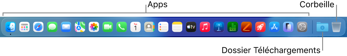 Le Dock affichant les icônes d’apps, le dossier Téléchargements et la corbeille.
