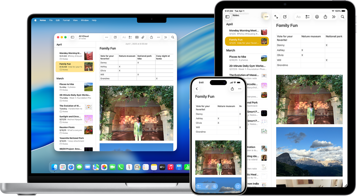 Les mêmes notes s’affichent sur un Mac, un iPhone et un iPad.