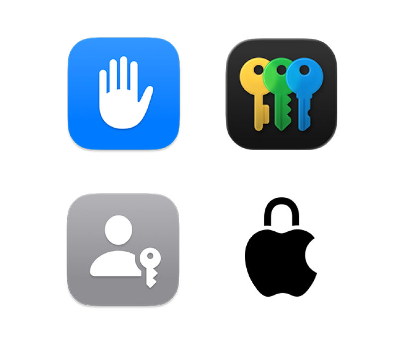 Quatre icônes représentant Confidentialité et sécurité, l’app « Mots de passe », Clés d’accès et Confidentialité chez Apple.