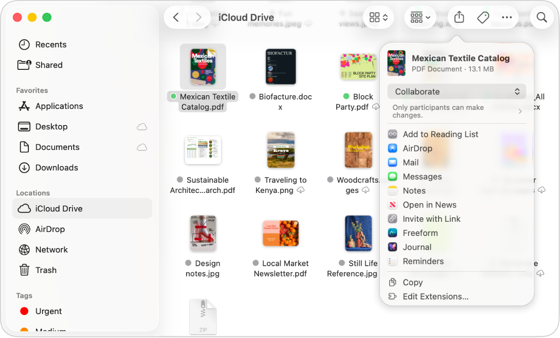 Une fenêtre du Finder affichant des fichiers et des dossiers dans iCloud Drive. Dans le menu local Partager, l‘utilisateur sélectionne Collaborer.