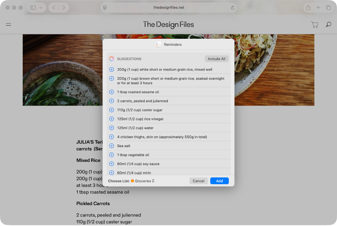 Rappels suggérés à partir d’une recette ouverte dans Safari.