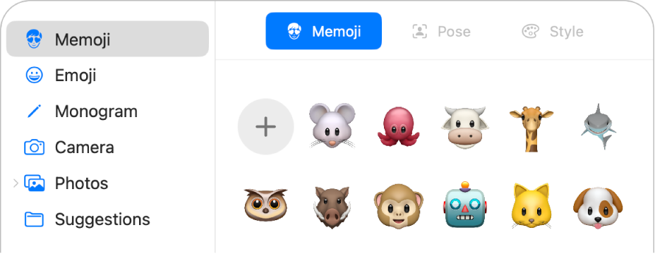 Apple खाता तस्वीर विकल्प जिसके साइडबार में Memoji चुना गया है और विभिन्न Memoji दिखाए गए हैं।