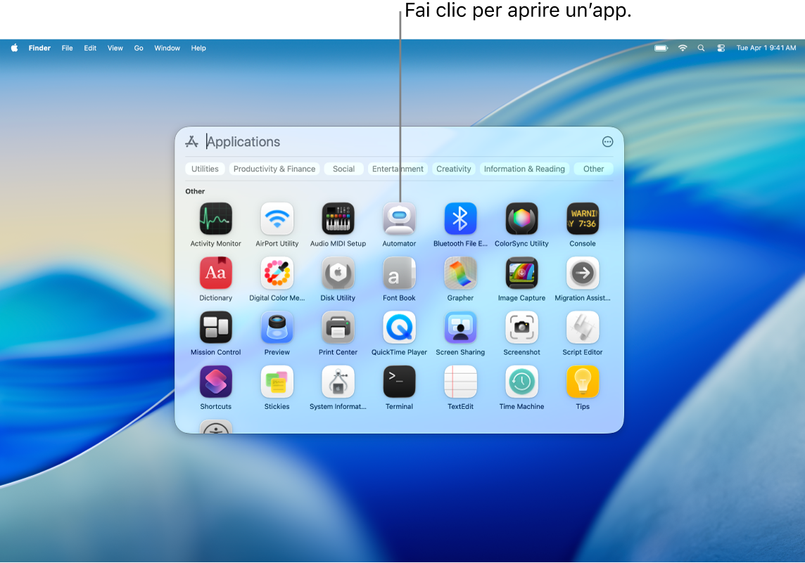 La finestra di navigazione delle app in Spotlight.