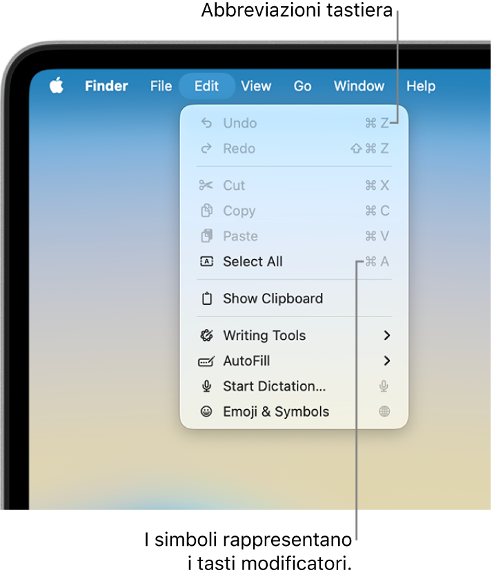 Il menu Modifica si apre nel Finder; le abbreviazioni da tastiera vengono visualizzate accanto agli elementi del menu.