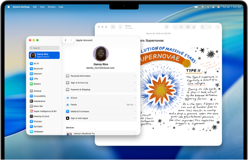 La scrivania di un Mac con la finestra delle impostazioni dell’Apple Account e un documento Numbers aperto dietro.