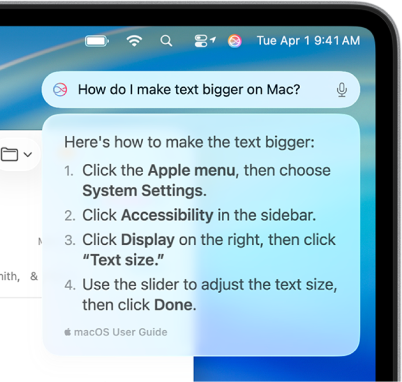 La parte superiore destra della scrivania del Mac con l’icona di Siri nella barra dei menu e il campo “Scrivi a Siri” con i passaggi indicati da Siri per aumentare le dimensioni del testo.