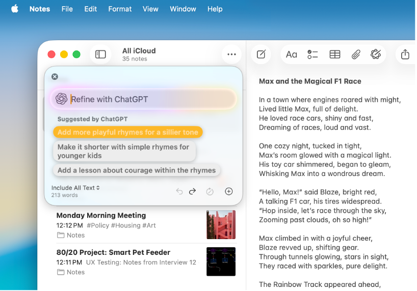 Una finestra dell’app Note che mostra una storia scritta utilizzando “Strumenti di scrittura” e l’estensione Intelligenza.