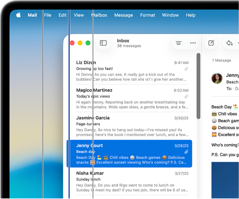 Mail-appen er åpen på skrivebordet. Det vises loddrette linjer på skjermen.