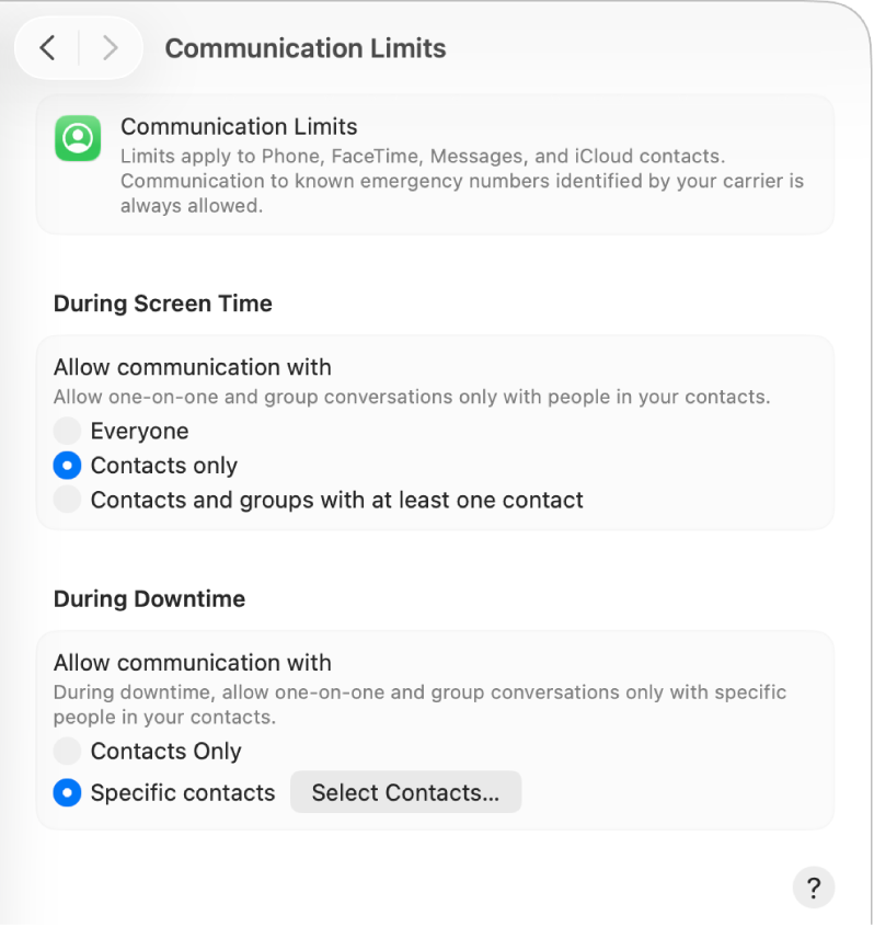 Configurările Limitări de comunicare din Timp de utilizare cu opțiuni pentru a permite comunicarea în perioada de utilizare și în perioada de repaus.
