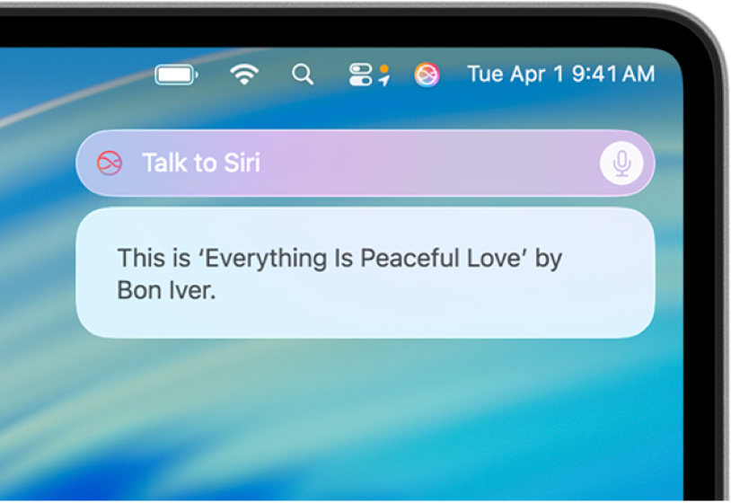 ช่องคำขอและการโต้ตอบของ Siri ที่มุมขวาบนสุดของเดสก์ท็อป Mac