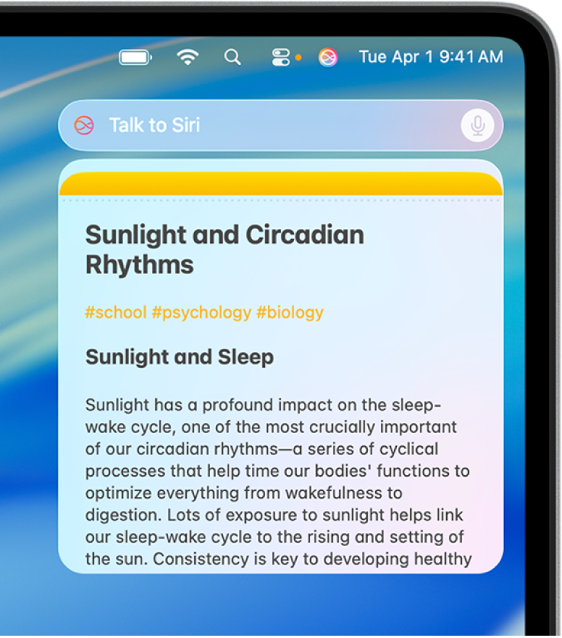 ช่องคำขอและการโต้ตอบของ Siri ที่มุมขวาบนสุดของเดสก์ท็อป Mac