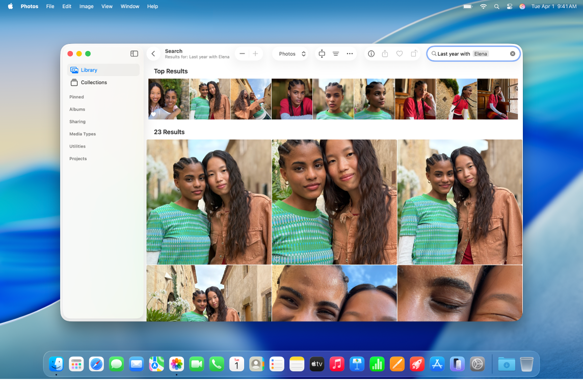 เดสก์ท็อป Mac ที่แสดงแอปรูปภาพ ช่องค้นหาแสดงการค้นหาด้วยภาษาที่เป็นธรรมชาติ พร้อมทั้งผลการค้นหาจากคลังที่ด้านล่าง