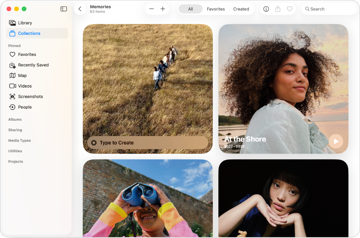 หน้าต่างรูปภาพบน Mac ที่แสดงคอลเลกชั่นความทรงจำ ซึ่งมีตัวเลือกสำหรับสร้างความทรงจำและดูความทรงจำที่สร้างก่อนหน้า