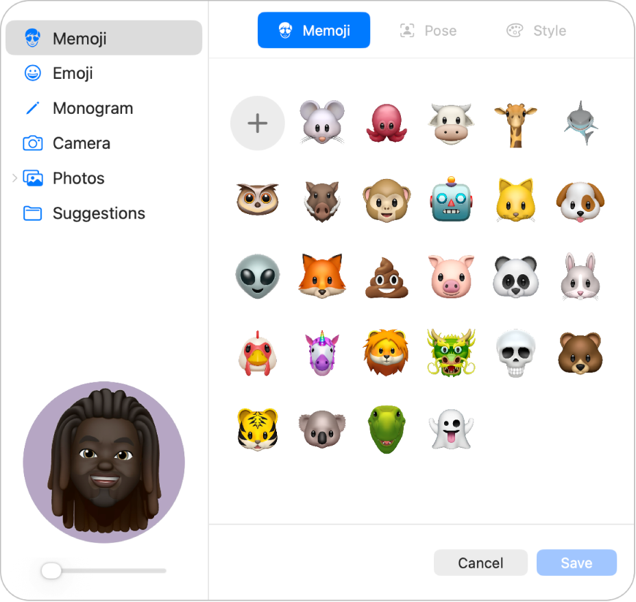 Các tùy chọn ảnh Tài khoản Apple. Danh sách các tùy chọn ảnh nằm trong thanh bên, bao gồm Memoji, Chữ lồng, Ảnh, v.v. Memoji được chọn và lưới Memoji được hiển thị.