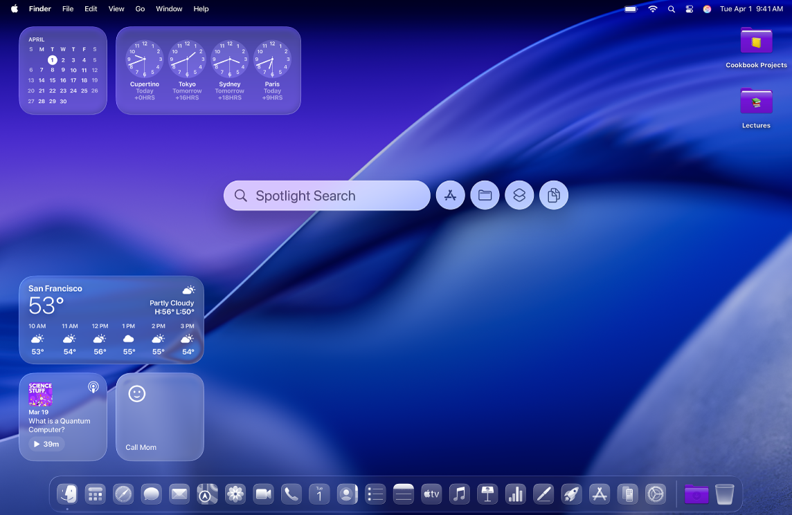 Một màn hình nền máy Mac với một cửa sổ Spotlight, các biểu tượng tùy chỉnh và tiện ích.