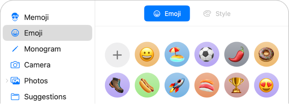 Apple 账户图片选项,包含边栏中选定的表情符号和显示的各种表情符号。