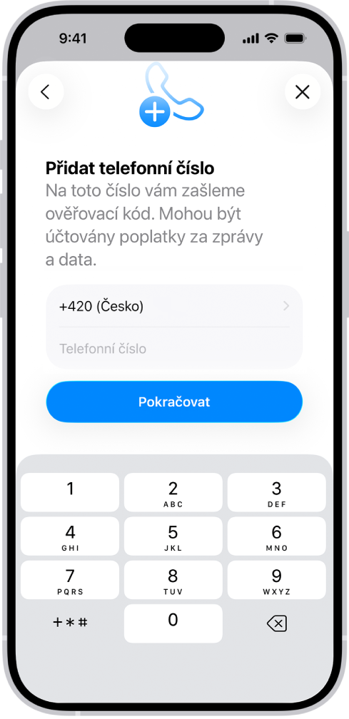 Obrazovka Přidat telefonní číslo v Nastavení