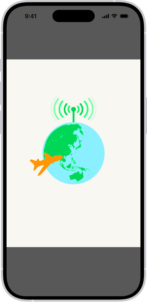 Displej iPhonu s obrázkem glóbu. Nad glóbem je symbolicky naznačený rádiový signál a okolo letí letadlo.