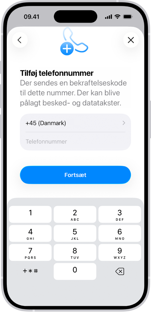 Skærmen Tilføj telefonnummer i Indstillinger.