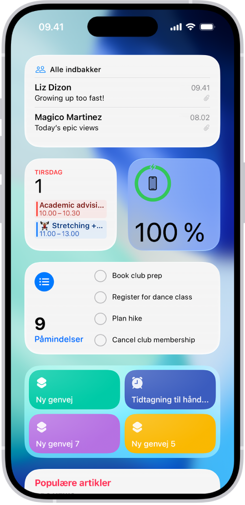 Widgets vises i oversigten I dag, bl.a. Widgets til Påmindelser, Fotos, Batteri, Kalender og Tips. Tryk på en for at føje den til din hjemmeskærm.