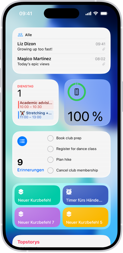 Widgets erscheinen in der Ansicht „Heute“, einschließlich der Widgets „Erinnerungen“, „Fotos“, „Batterie“, „Kalender“, „Tipps“ und mehr. Tippe auf eins, um es zu deinem Home-Bildschirm hinzuzufügen.