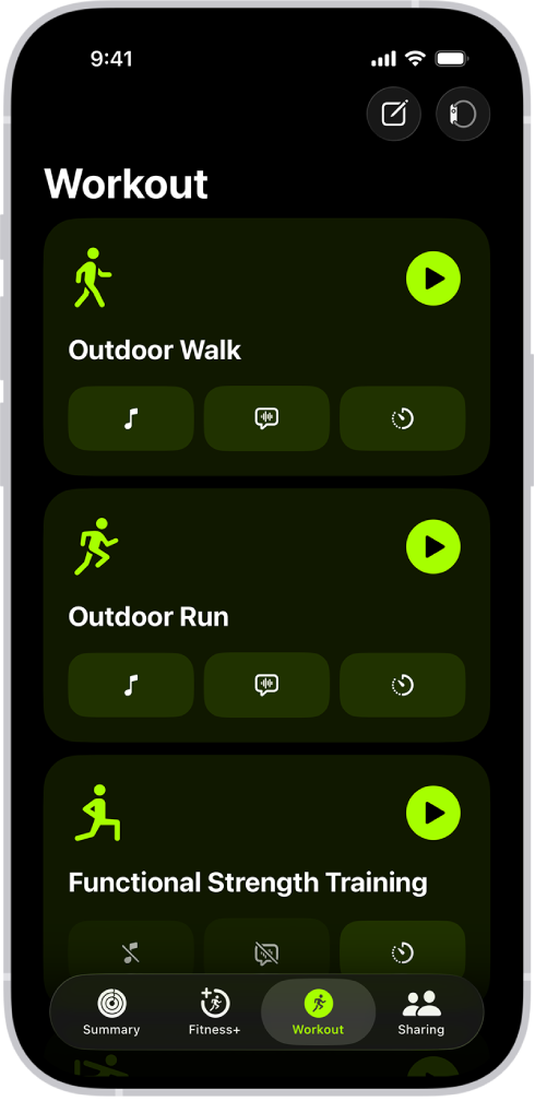 The Fitness workout screen showing three workouts.