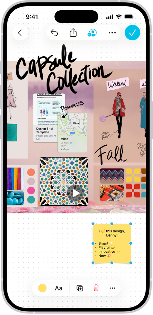 An iPhone with the Freeform app open, showing a sticky note with feedback from another person.