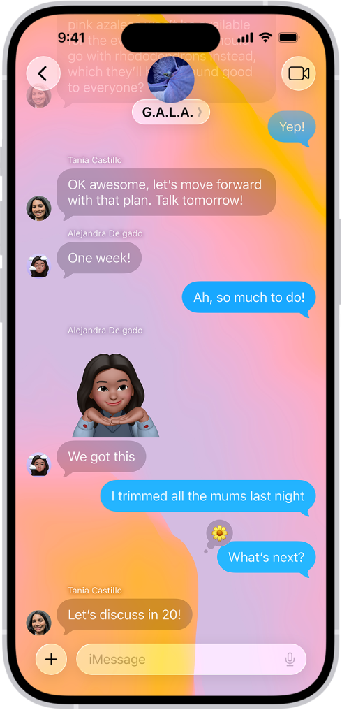 A Messages conversation with a dynamic background.