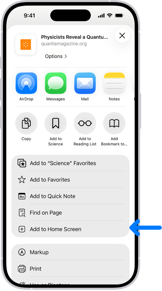 In Safari, the Share button on a website has been tapped, displaying a list of options, including Add to Home Screen.
