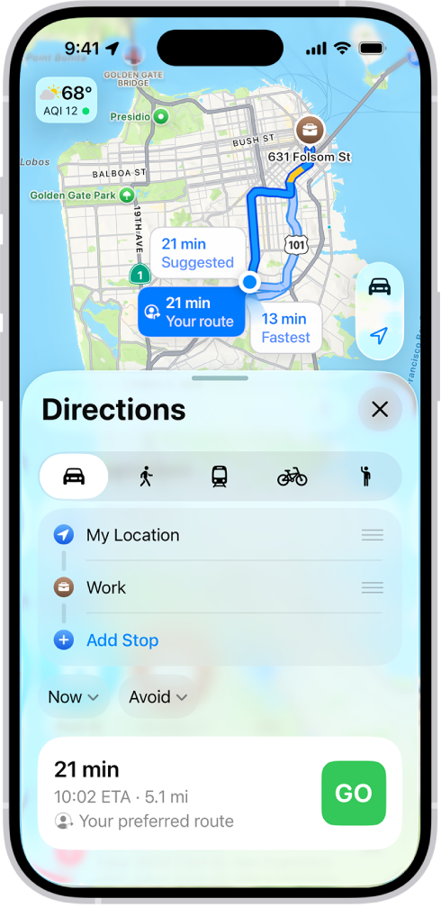 An iPhone showing a map with several driving route options to the same destination. Each route shows the estimated time and distance, and a Go button to start turn-by-turn directions. Color coding on each route indicates traffic conditions.