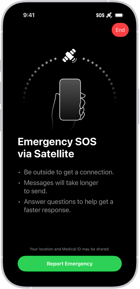 Pantalla “Emergencia SOS” que muestra el teléfono conectado y se está indicando al usuario que siga apuntando al satélite. El botón “Avisar de una emergencia” está en la parte inferior de la pantalla.