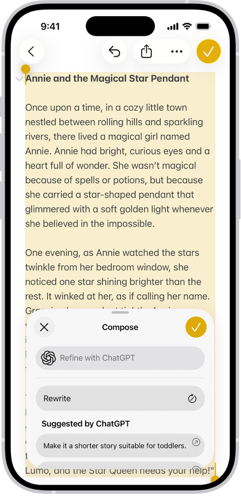 iPhone’i rakenduses Notes kuvatakse teksti. Ekraani allosas on dialoogaken Compose with Writing Tools, mis hõlmab valikuid muudatuste kirjeldamiseks, uuesti kirjutamiseks, ChatGPT soovituste valimiseks jne.