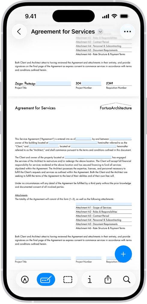 Esikatselu-apissa näkyy PDF-lomake, jossa on täytettäviä kenttiä korostettuina. Näytön alareunassa näkyvät Lisää merkintä-, Merkintä-, Automaattinen täyttö-, Rajaa-, Tiedot-, Jaa- ja Haku-painikkeet. Valittuna on Automaattinen täyttö ‑painike.
