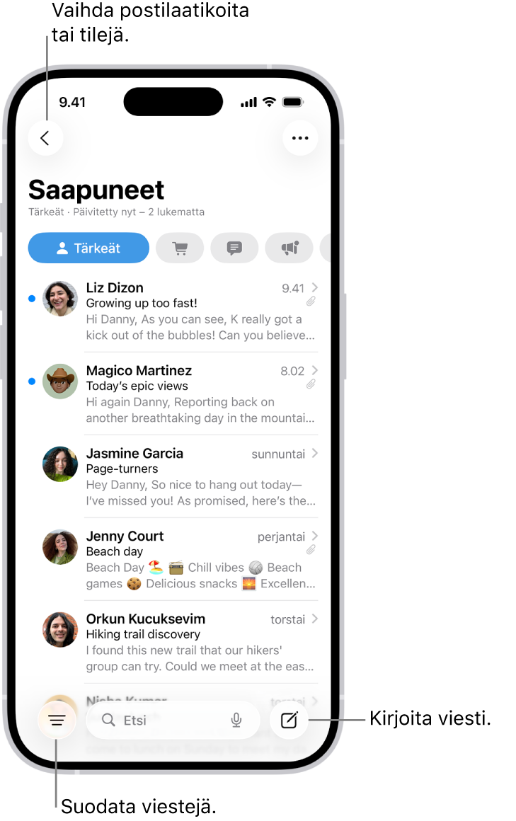 Mailin Saapuneet-näkymä, jossa näkyy sähköpostien luettelo.
