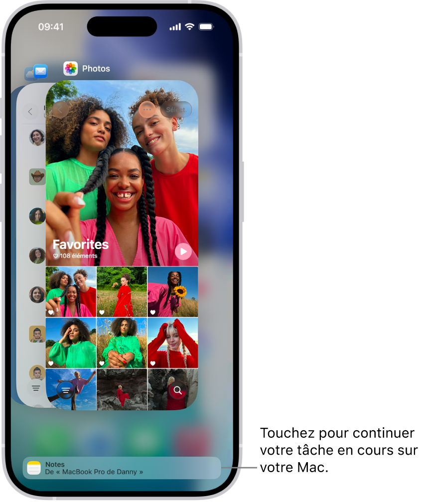 Le sélecteur d’app sur l’iPhone affichant une notification de handoff en bas de l’écran.