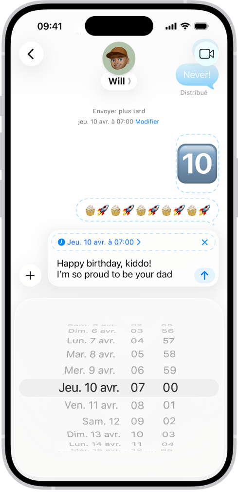 Une conversation Messages avec des messages programmés pour être envoyés ultérieurement.