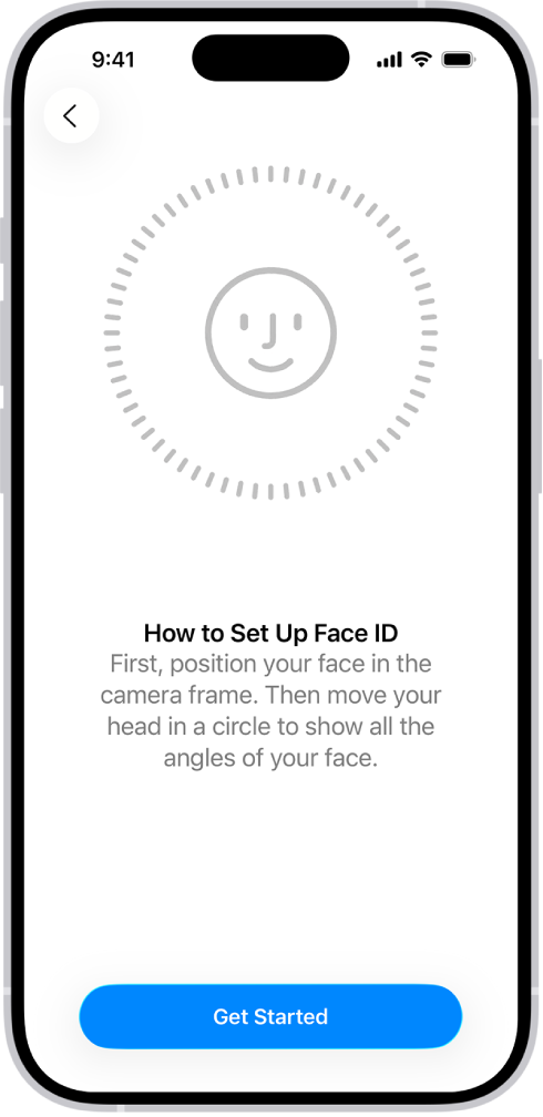 Face ID ઓળખની સેટઅપ સ્ક્રીન. સ્ક્રીન પર વર્તુળમાં સ્માઇલી ચહેરો બતાવવામાં આવે છે. નીચે લખેલી ટેક્સ્ટ યૂઝરને વર્તુળ પૂર્ણ કરવા માટે માથું ધીમે ધીમે મુવ કરવાની સૂચના આપે છે. શરૂ કરવા માટેનું બટન સ્ક્રીનમાં નીચે બાજુમાં દેખાય છે.