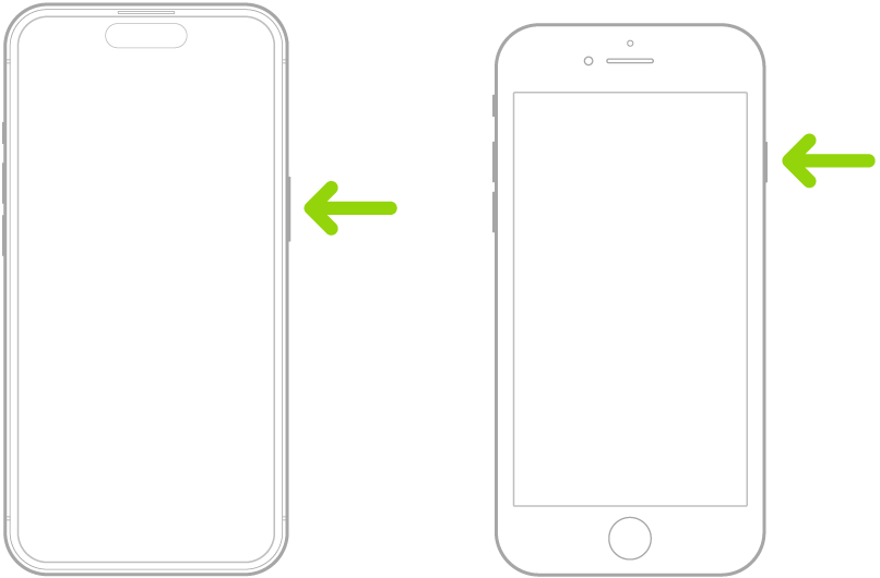 iPhoneની જમણી બાજુના બટનને નિર્દેશ કરતું લીલા રંગનું તીર.
