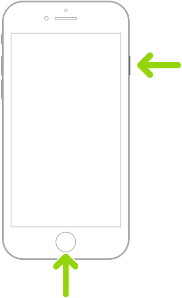 Touch ID वाले iPhone में। एक ऐरो साइड बटन को पॉइंट करता है और दूसरा ऐरो होम बटन को पॉइंट करता है, यह प्रदर्शित करता है कि स्क्रीनशॉट कैसे लिया जाएगा।