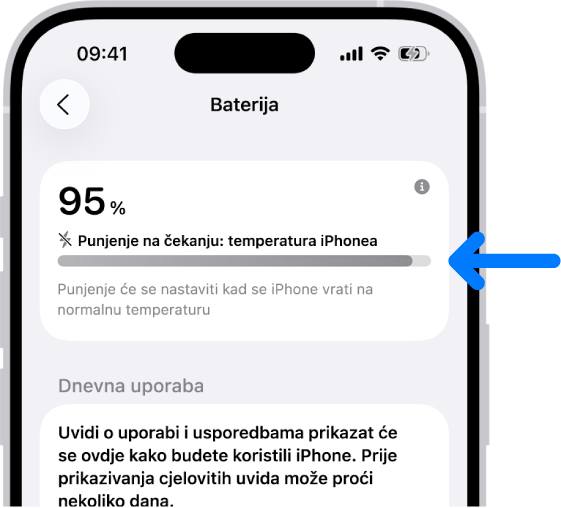 Kartica s informacijama o punjenju u postavkama iPhone baterije. Kartica prikazuje bateriju na 90 % s porukom “Punjenje na čekanju: temperatura iPhonea.” Bilješka ispod pokazuje da će se punjenje nastaviti kad se temperatura iPhonea vrati na normalnu.