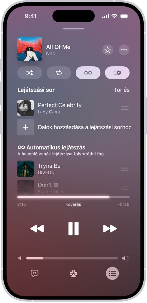 A Lejátszás alatt képernyő a lejátszási sorral és a bekapcsolt Automatikus lejátszás és AutoMix funkcióval. A lejátszási sor dalai alatt megjelennek a hasonló dalok.