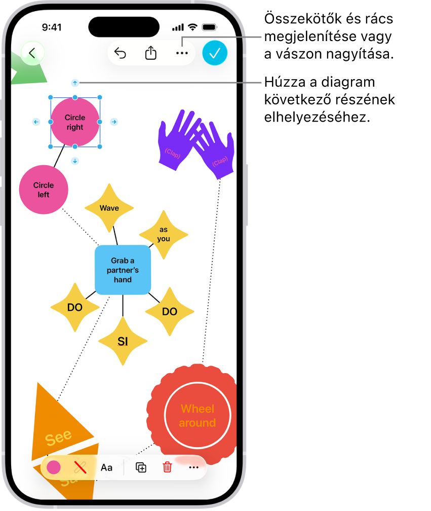 Egy diagram látható egy Freeform-táblán, a kiválasztott alakzaton látható összekötőkkel és a képernyő alján látható alakzatformázó eszközökkel.