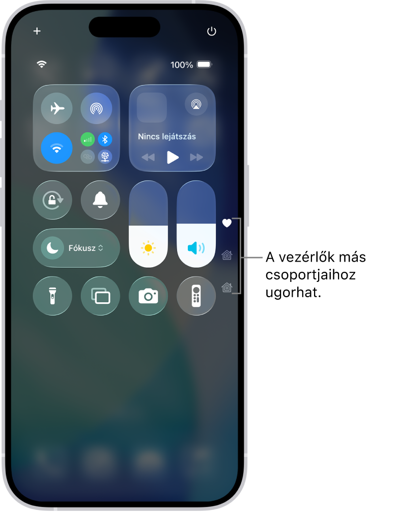 Egy iPhone képernyőjén a Vezérlőközpont van megnyitva. A jobb oldalon ikonok láthatók, amelyekkel a vezérlők más csoportjait tekintheti meg.