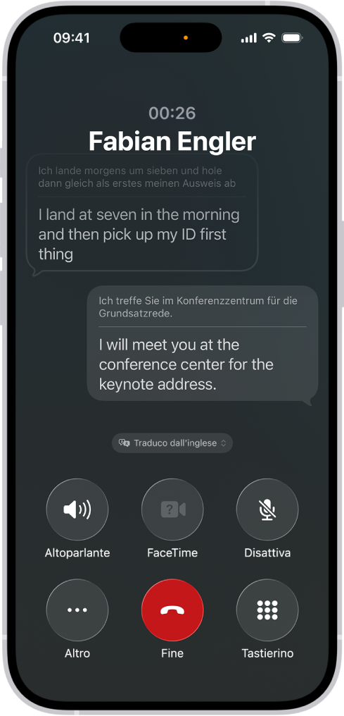 Una chiamata telefonica nell’app Telefono che mostra una conversazione tradotta dal tedesco all’inglese.
