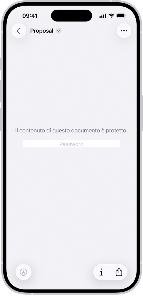 Un modulo PDF bloccato con il campo della password. Nella parte inferiore dello schermo sono presenti i pulsanti Annota, Informazioni e Condividi.
