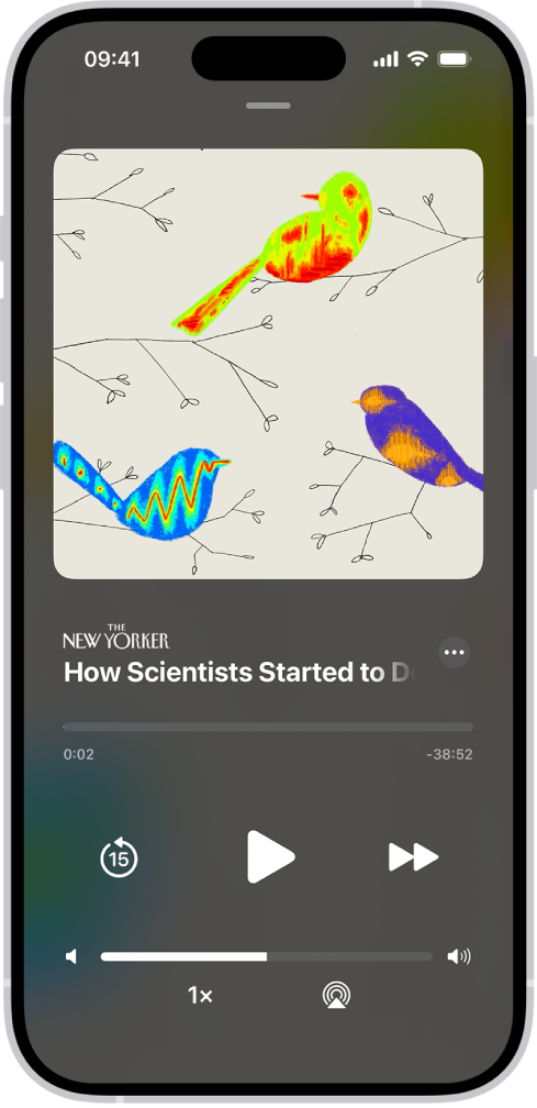 Apple News+ қызметіндегі аудио мақала. Оның астында аудио ойнатқышты басқару элементтері және дыбыс деңгейі слайдері бар.