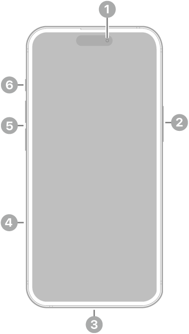 iPhone 15 Plusನ ಮುಂಬದಿಯ ನೋಟ. ಮುಂಬದಿಯ ಕ್ಯಾಮರಾ ಮೇಲಿನ ಮಧ್ಯಭಾಗದಲ್ಲಿದೆ. ಸೈಡ್ ಬಟನ್ ಬಲಭಾಗದಲ್ಲಿದೆ. USB-C ಕನೆಕ್ಟರ್ ಕೆಳಭಾಗದಲ್ಲಿದೆ. ಎಡಭಾಗದಲ್ಲಿ, ಕೆಳಗಿನಿಂದ ಮೇಲಕ್ಕೆ, ಸಿಮ್ ಟ್ರೇ, ವಾಲ್ಯೂಮ್ ಬಟನ್ಗಳು ಮತ್ತು ರಿಂಗ್/ನಿಶ್ಯಬ್ದ ಸ್ವಿಚ್ ಇವೆ.