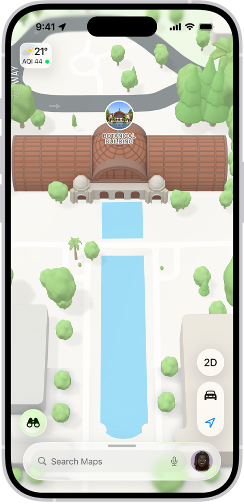 3D karte lietotnē Maps, kurā redzams tilts un parks.